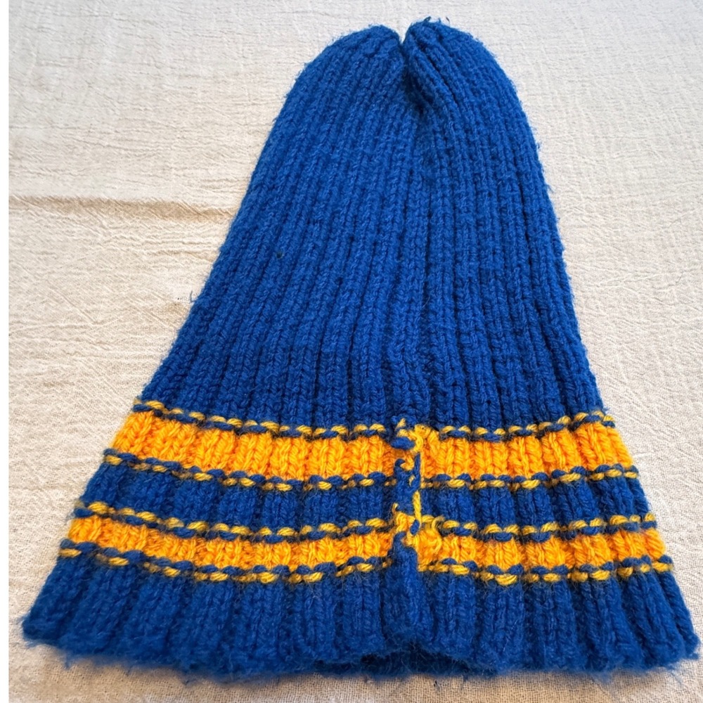 Vintage Knit‎ Beanie Hat Blue Orange Striped Bobble Hat Winter Warm - Picture 4 of 6